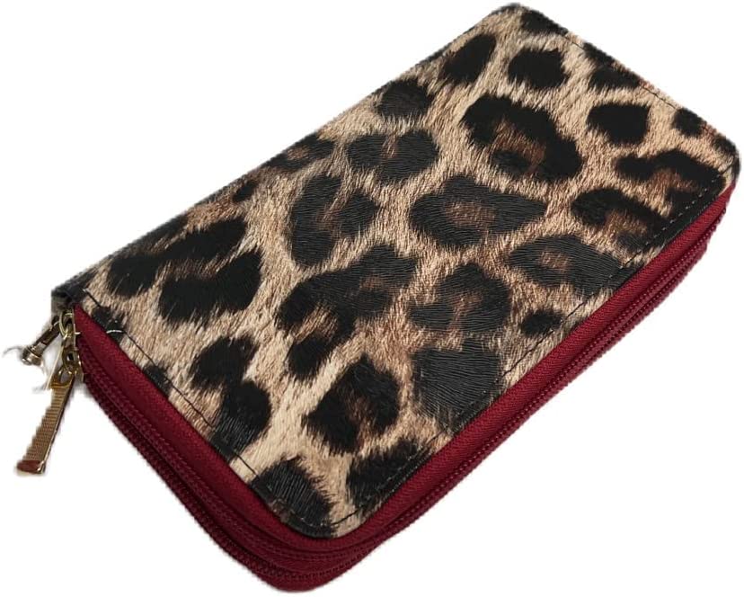 Leopard Double Zip Around Wallet with Wristlet Strap