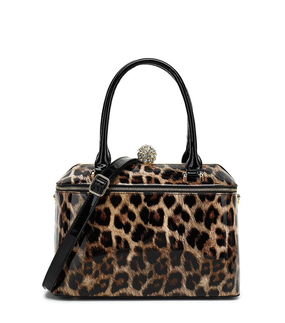 Patent Croco Rhinestone Lock Frame Satchel