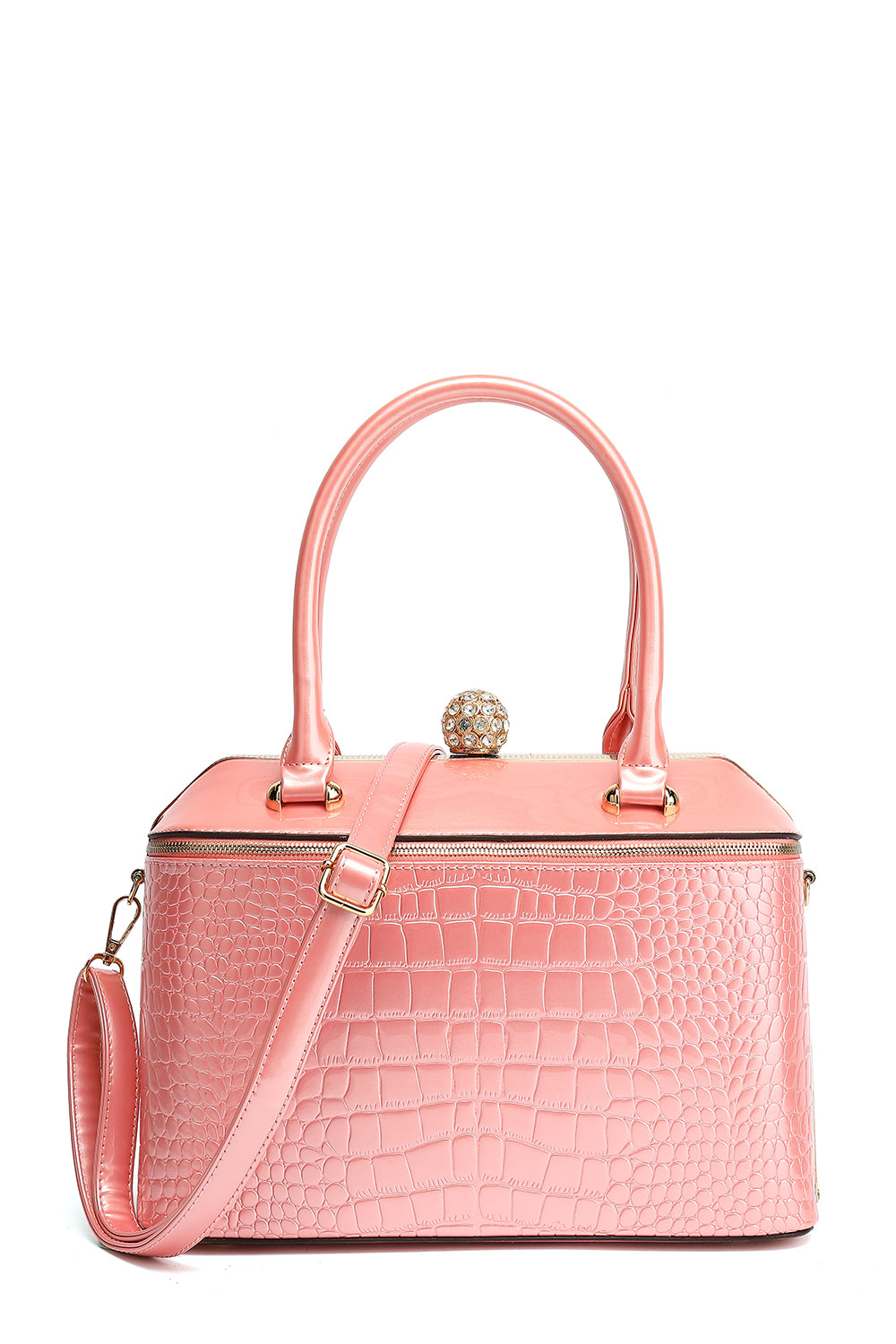 Patent Croco Rhinestone Lock Frame Satchel