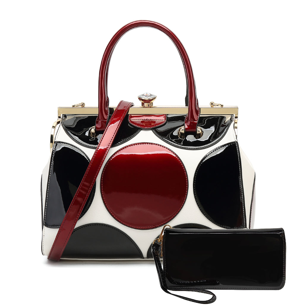 2 in 1 Polka Dot Patent Frame Satchel with Wallet (Pink Bone without wallet)