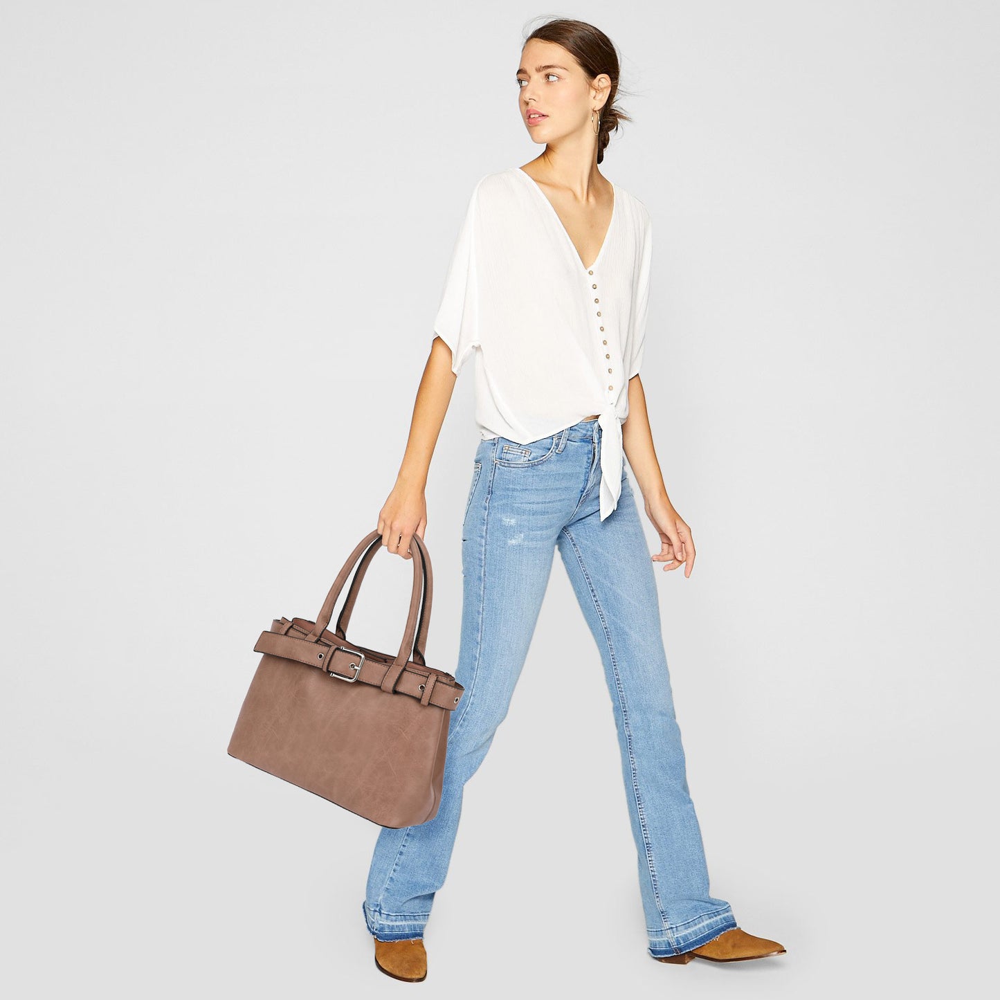 Belted Triple Compartment Satchel with Detachable Crossbody Strap 1894L