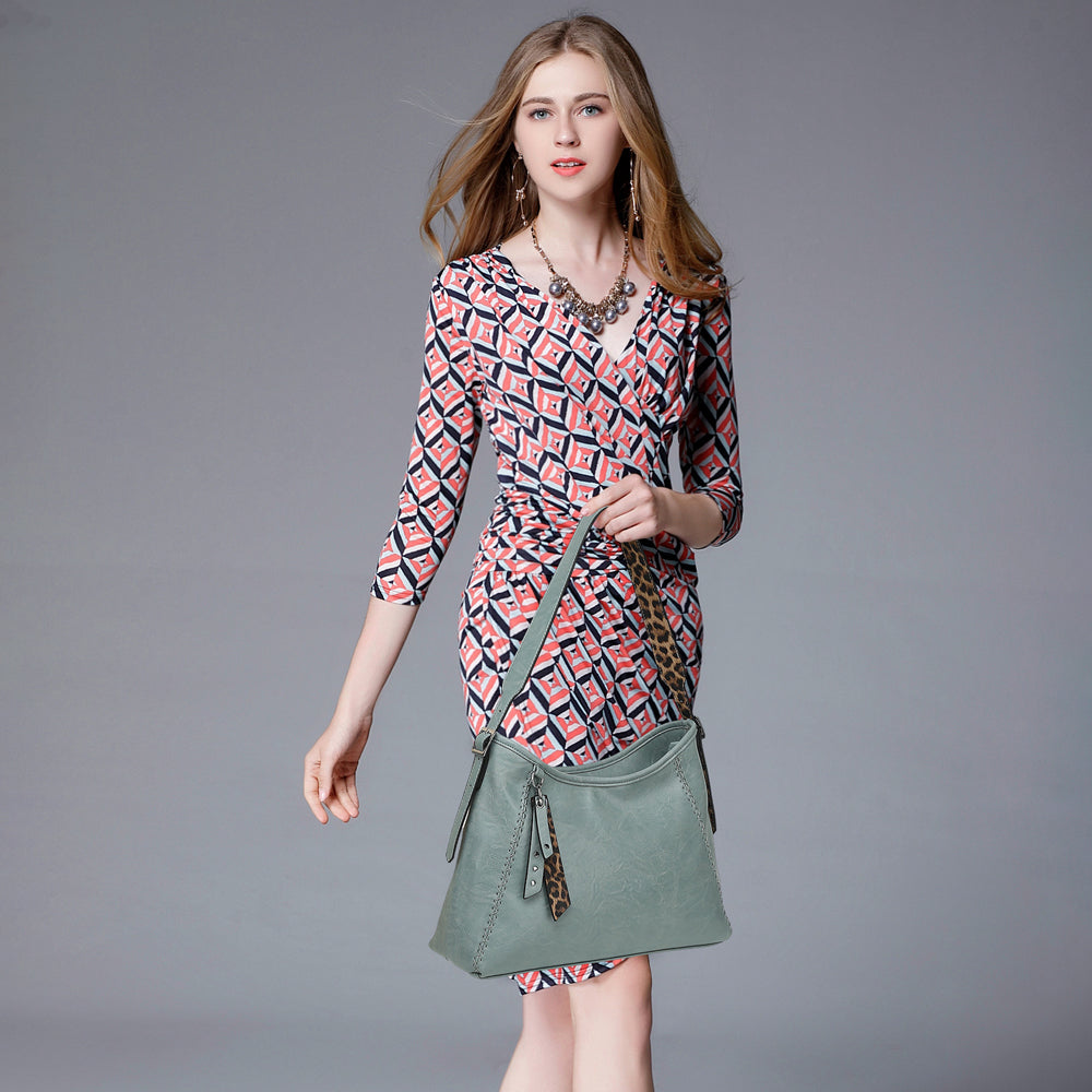 HOBO WITH STITCHING DETAIL AND LEOPARD TRIM 24884