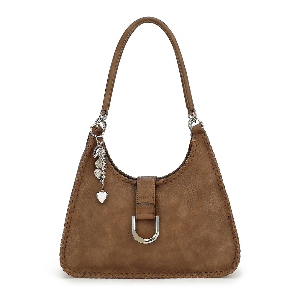 DOUBLE HANDLE SATCHEL WITH WHIPSTITCH DETAIL AND CHARM 24925