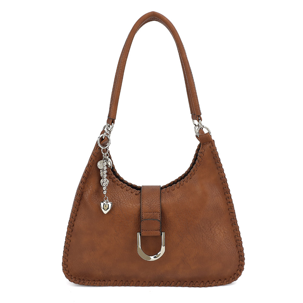 DOUBLE HANDLE SATCHEL WITH WHIPSTITCH DETAIL AND CHARM 24925
