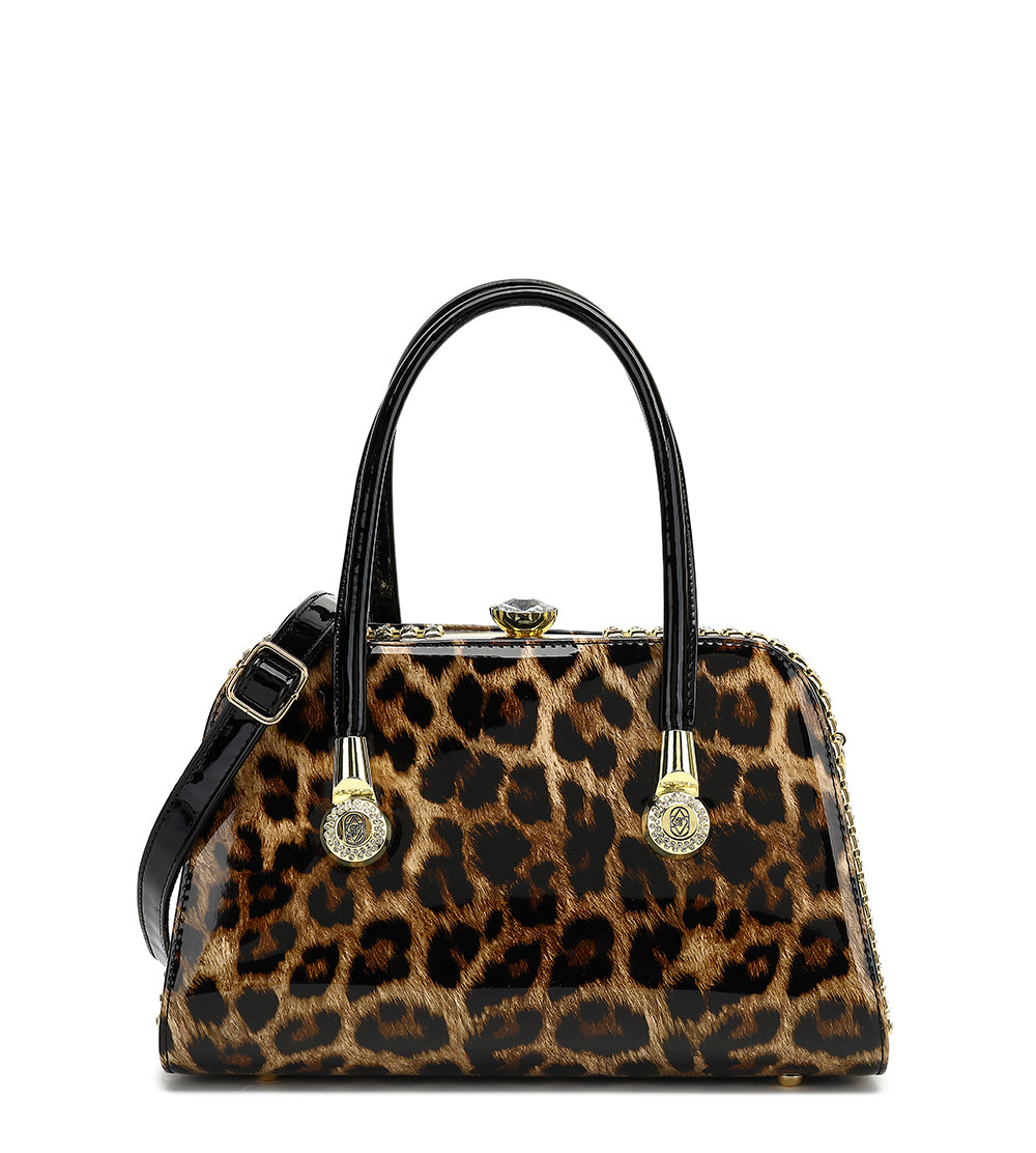 Frame Satchel with Rhinestones Patent Leather