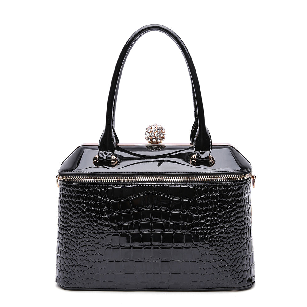 Patent Croco Rhinestone Lock Frame Satchel