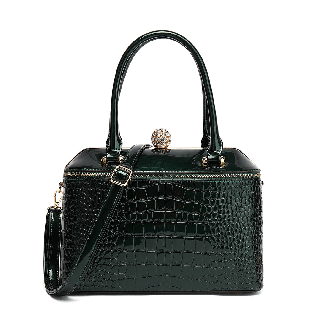 Patent Croco Rhinestone Lock Frame Satchel