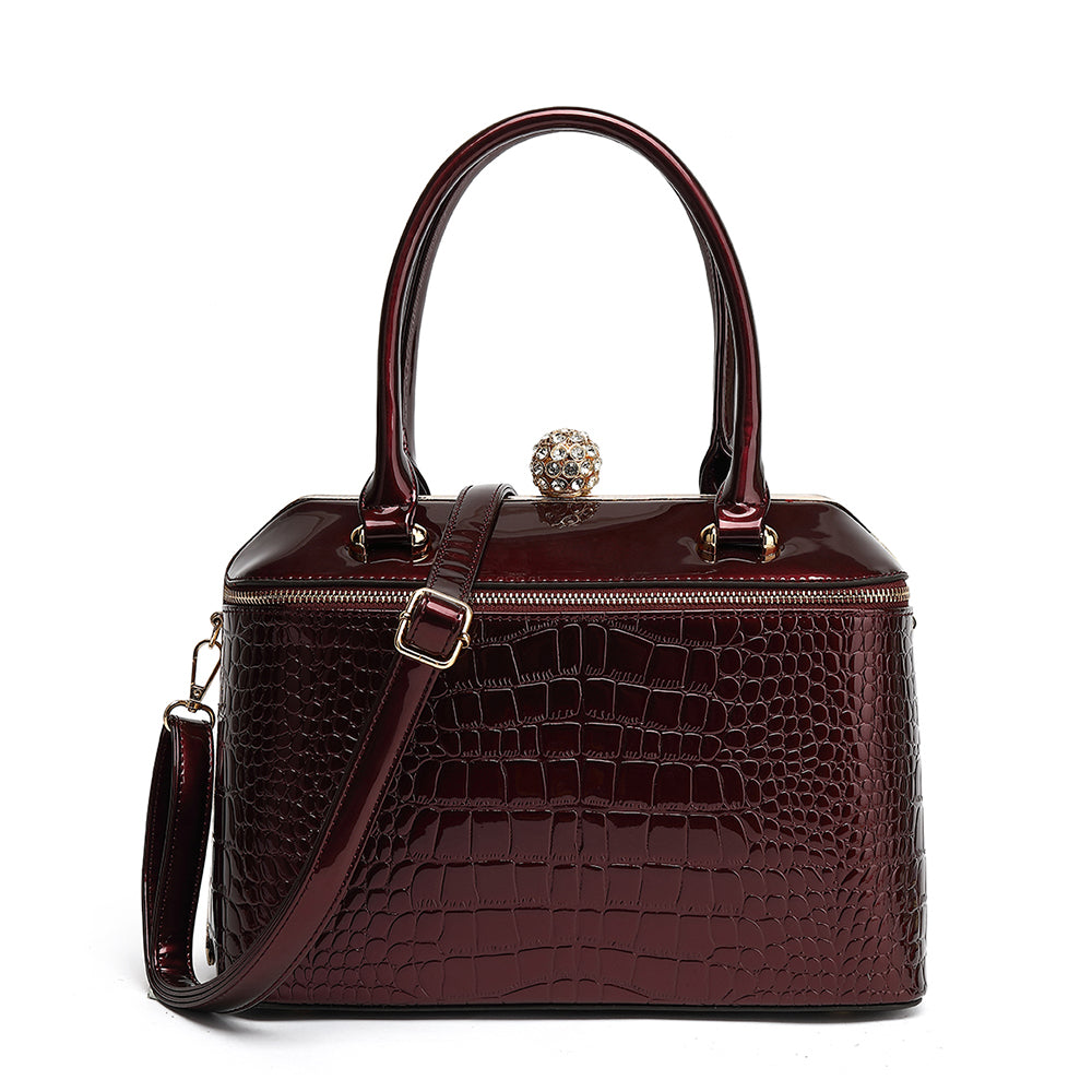 Patent Croco Rhinestone Lock Frame Satchel