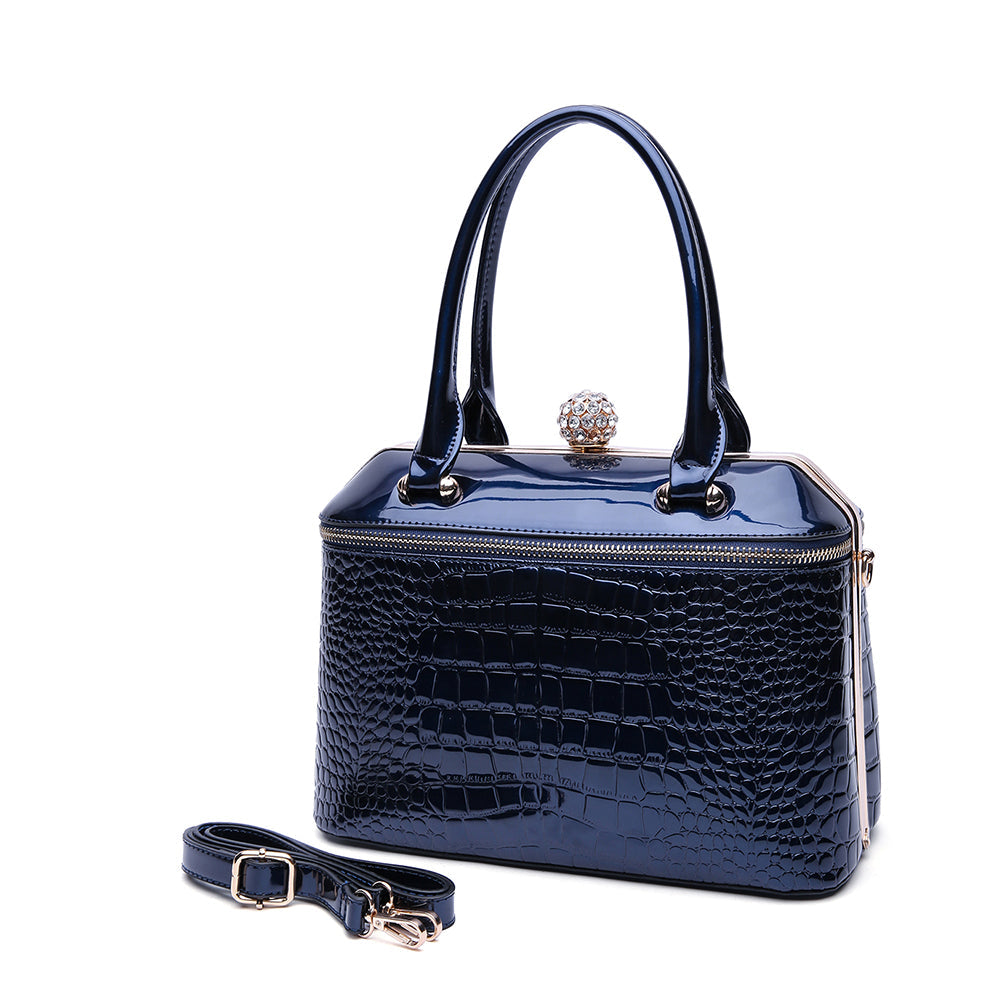 Patent Croco Rhinestone Lock Frame Satchel