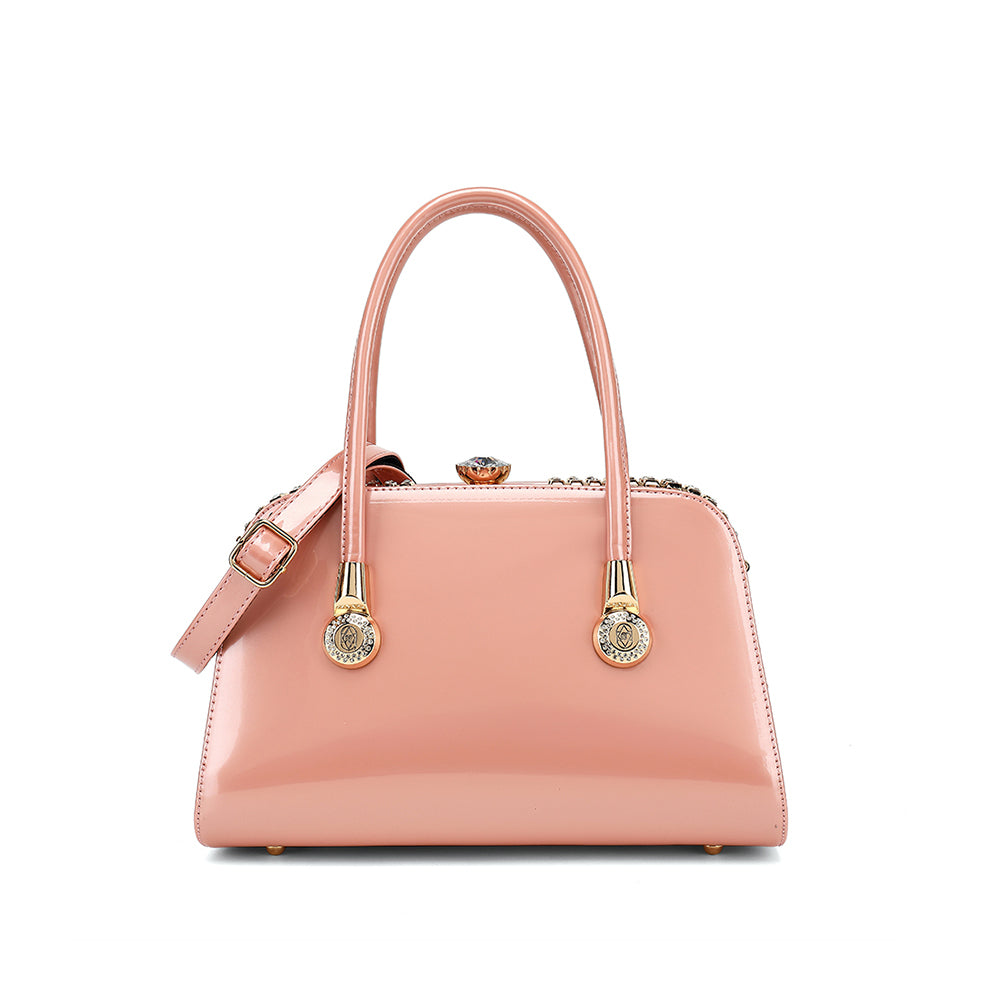 Frame Satchel with Rhinestones Patent Leather