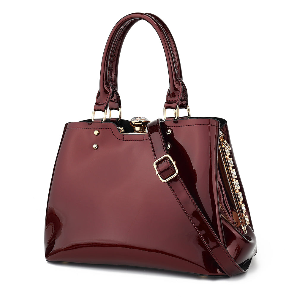 Double Handle Frame Satchel with Rhinestones Patent Leather patent