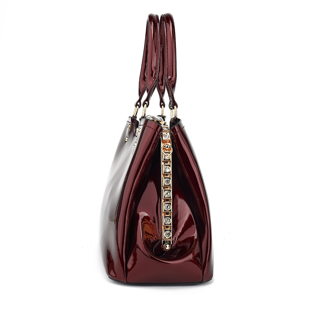 Double Handle Frame Satchel with Rhinestones Patent Leather 9465