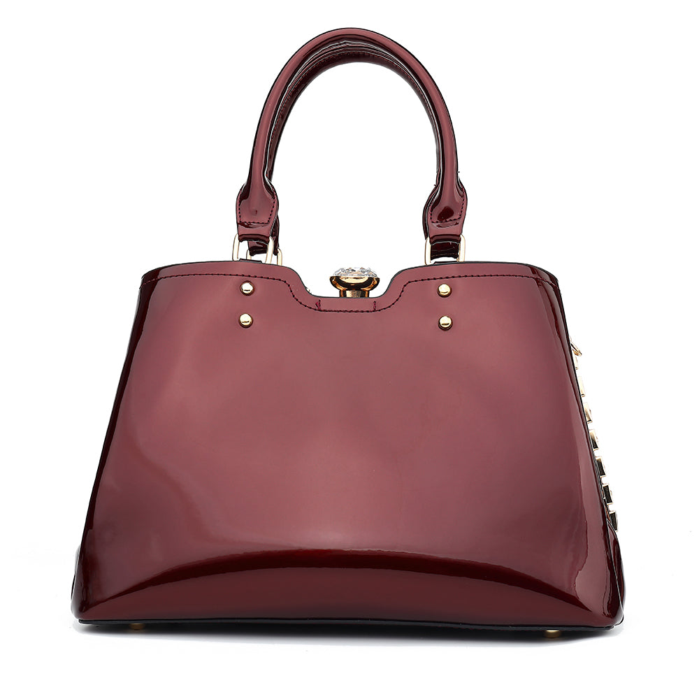 Double Handle Frame Satchel with Rhinestones Patent Leather 9465