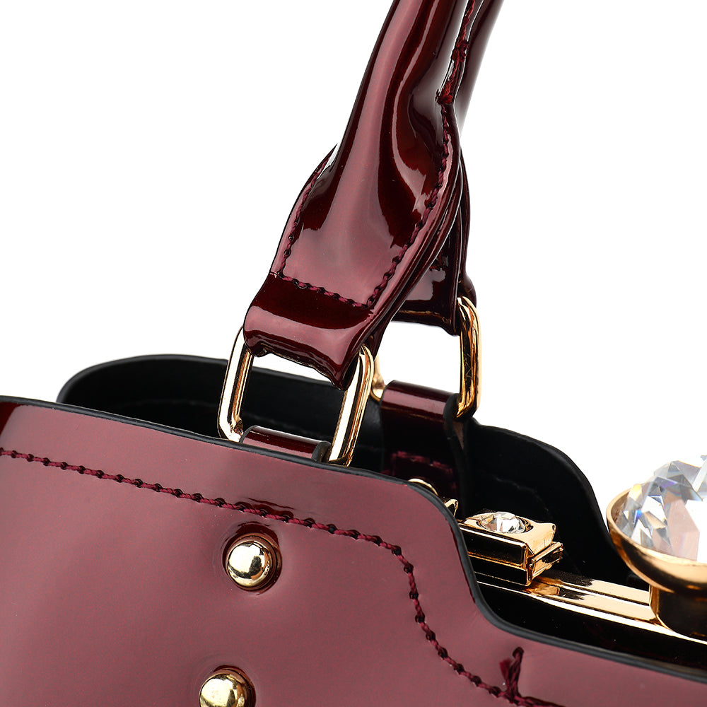 Double Handle Frame Satchel with Rhinestones Patent Leather 9465