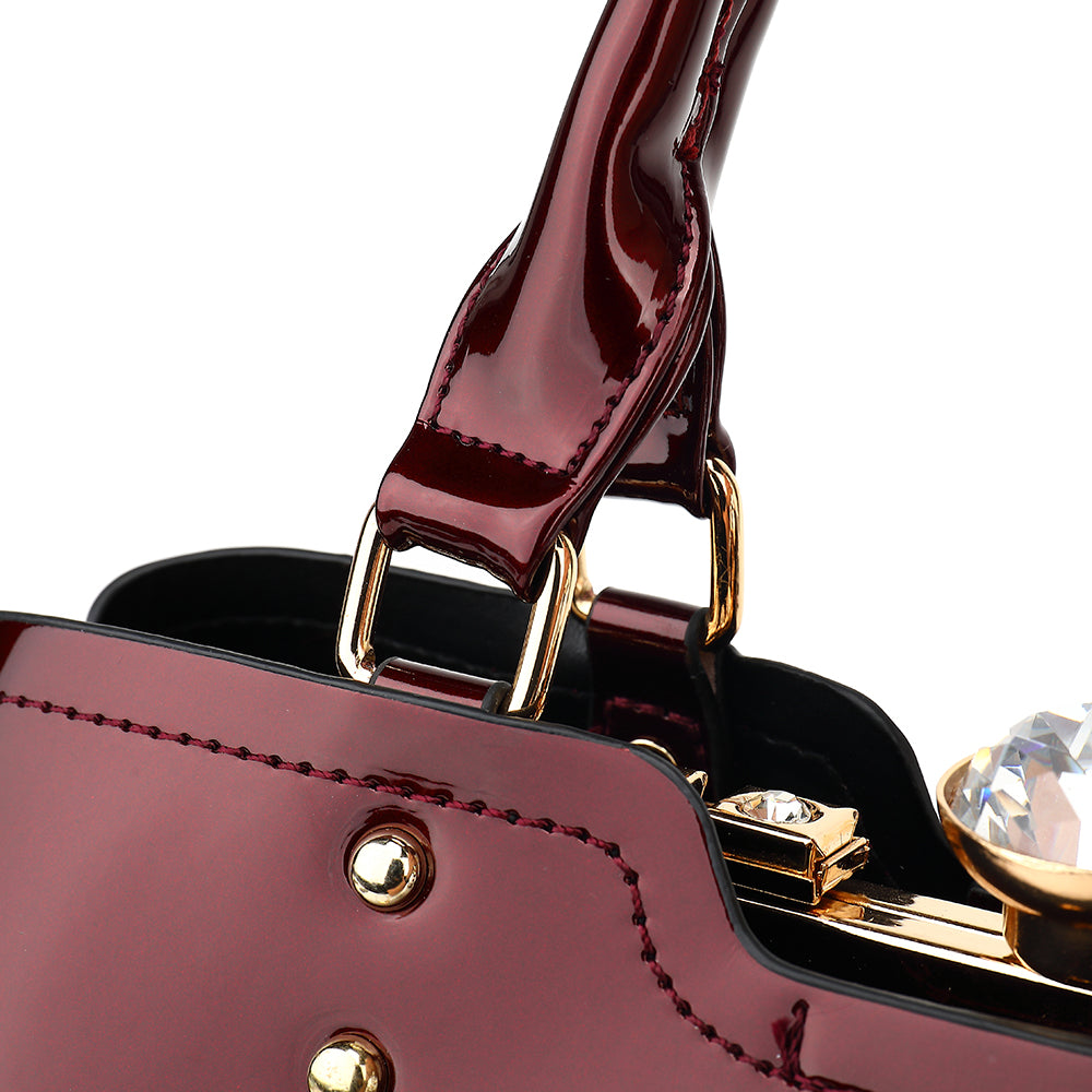 Double Handle Frame Satchel with Rhinestones Patent Leather