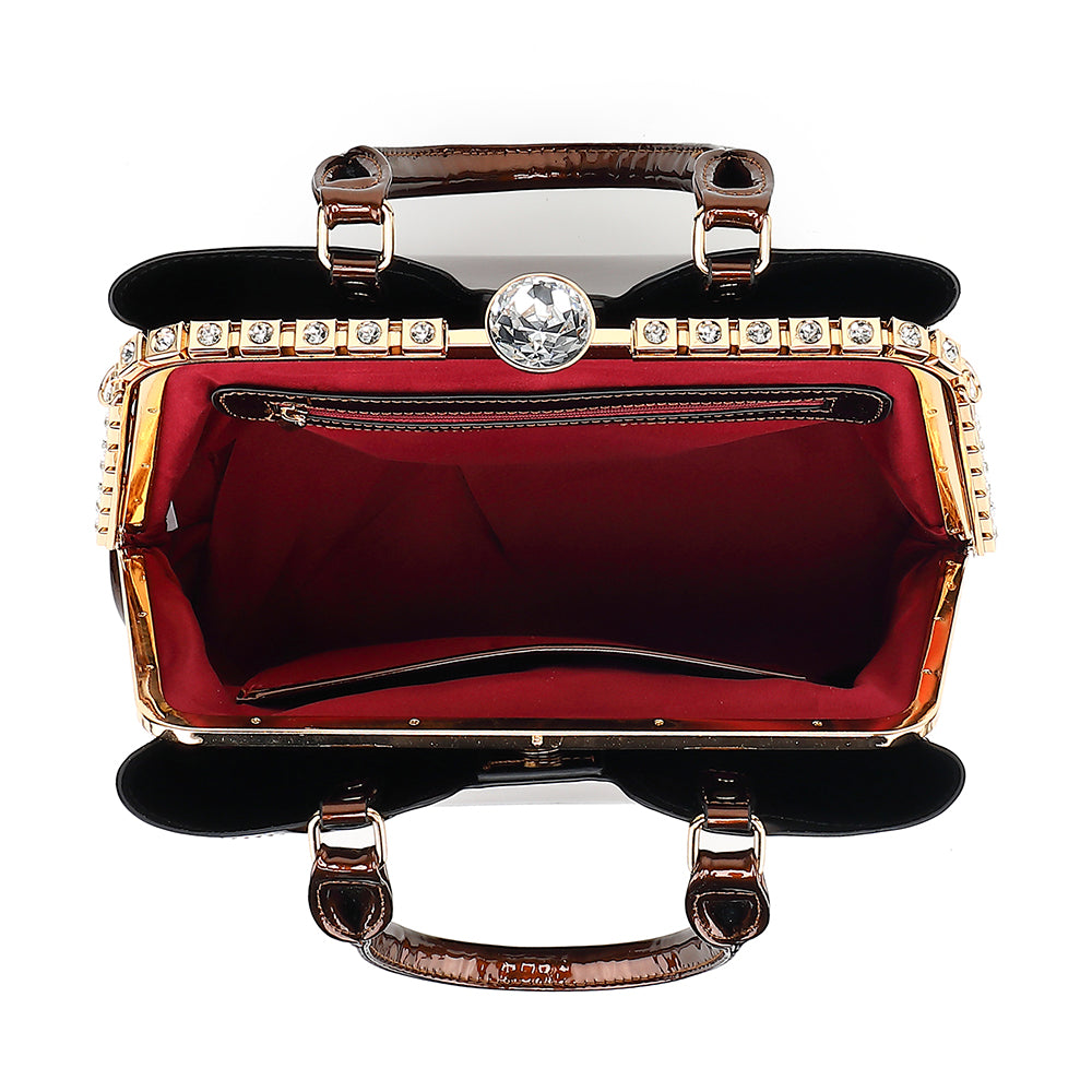 Double Handle Frame Satchel with Rhinestones Patent Leather 9465
