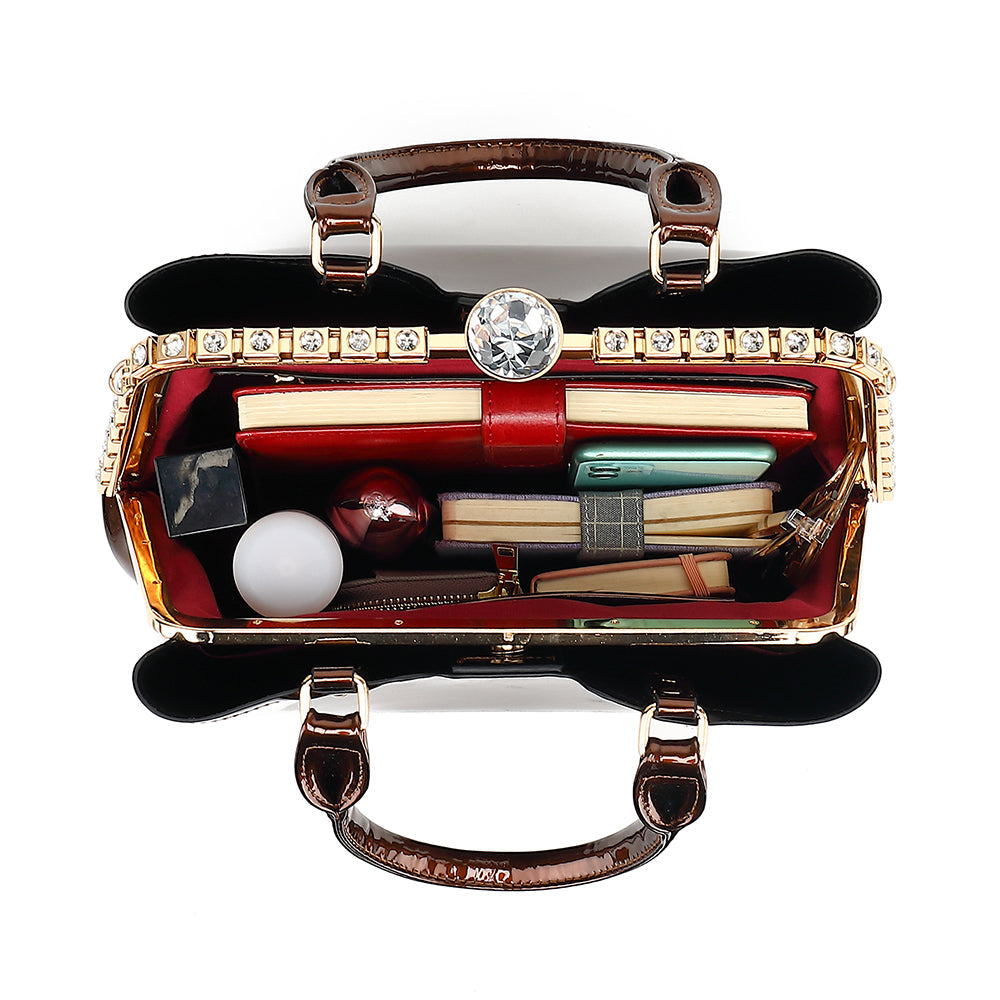 Double Handle Frame Satchel with Rhinestones Patent Leather 9465