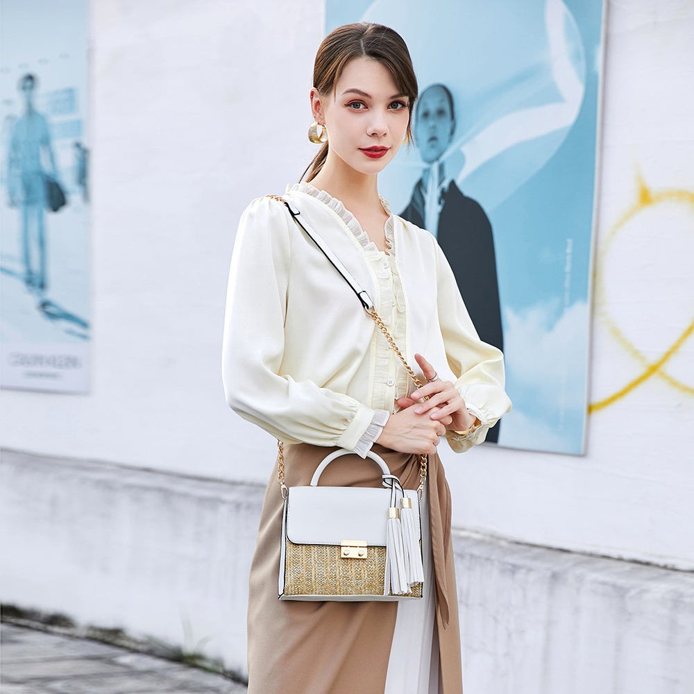 Straw Top Handle Flap Crossbody with Tassels