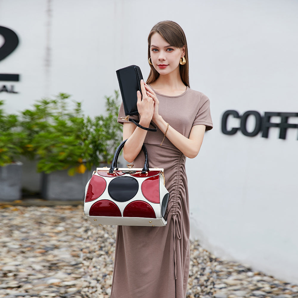 2 in 1 Polka Dot Patent Frame Satchel with Wallet (Pink Bone without wallet)