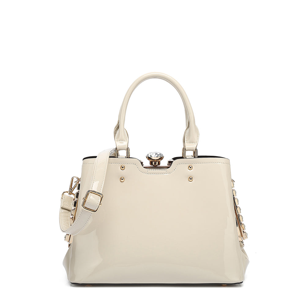 Double Handle Frame Satchel with Rhinestones Patent Leather 9465