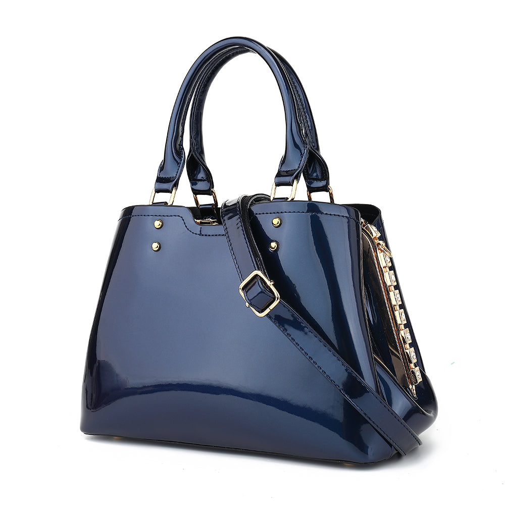 Double Handle Frame Satchel with Rhinestones Patent Leather 9465