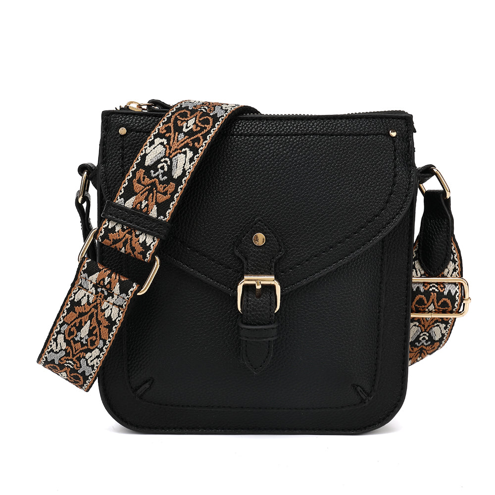TOP ZIP CROSSBODY WITH FRONT PKT AND GUITAR STRAP 25024