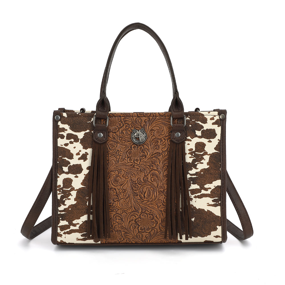 BOX TOTE WITH COW AND TOOLING WITH FRINGE DETAIL 25147
