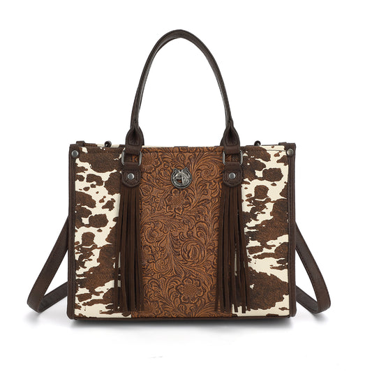 BOX TOTE WITH COW AND TOOLING WITH FRINGE DETAIL 25147