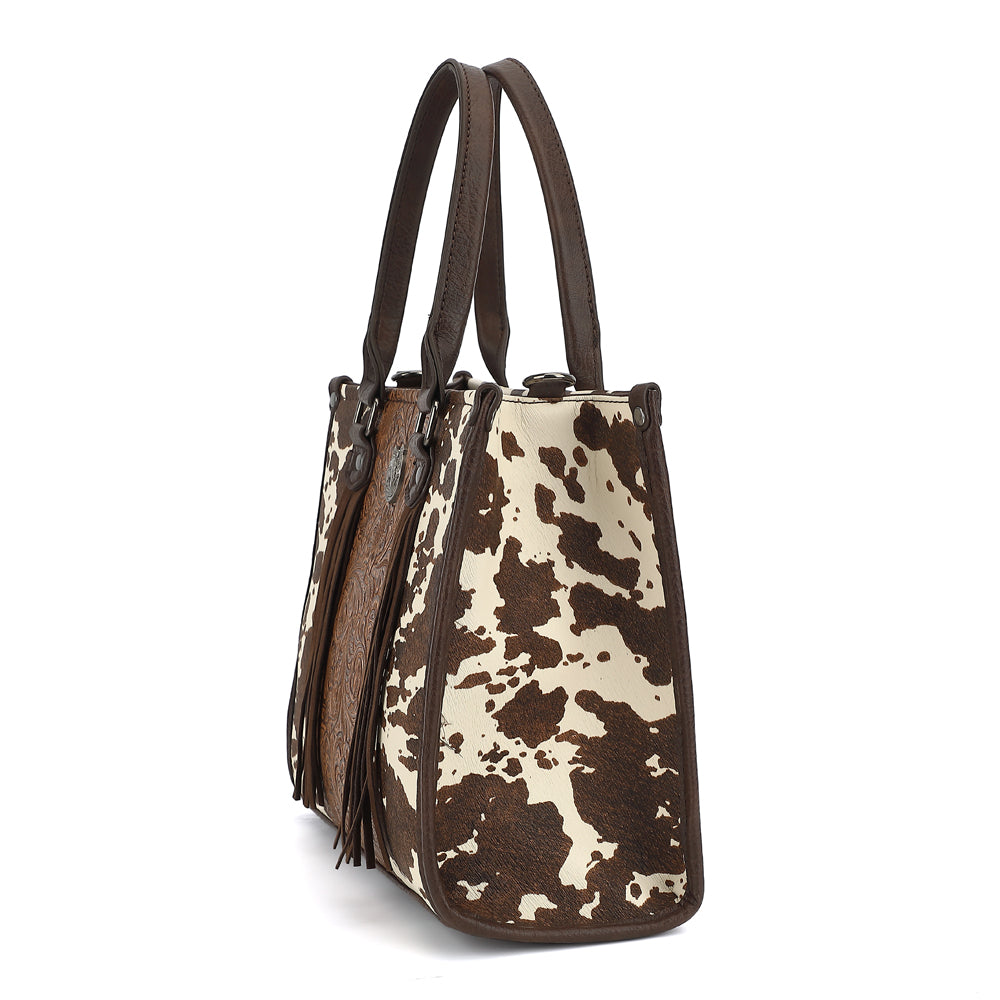 BOX TOTE WITH COW AND TOOLING WITH FRINGE DETAIL 25147