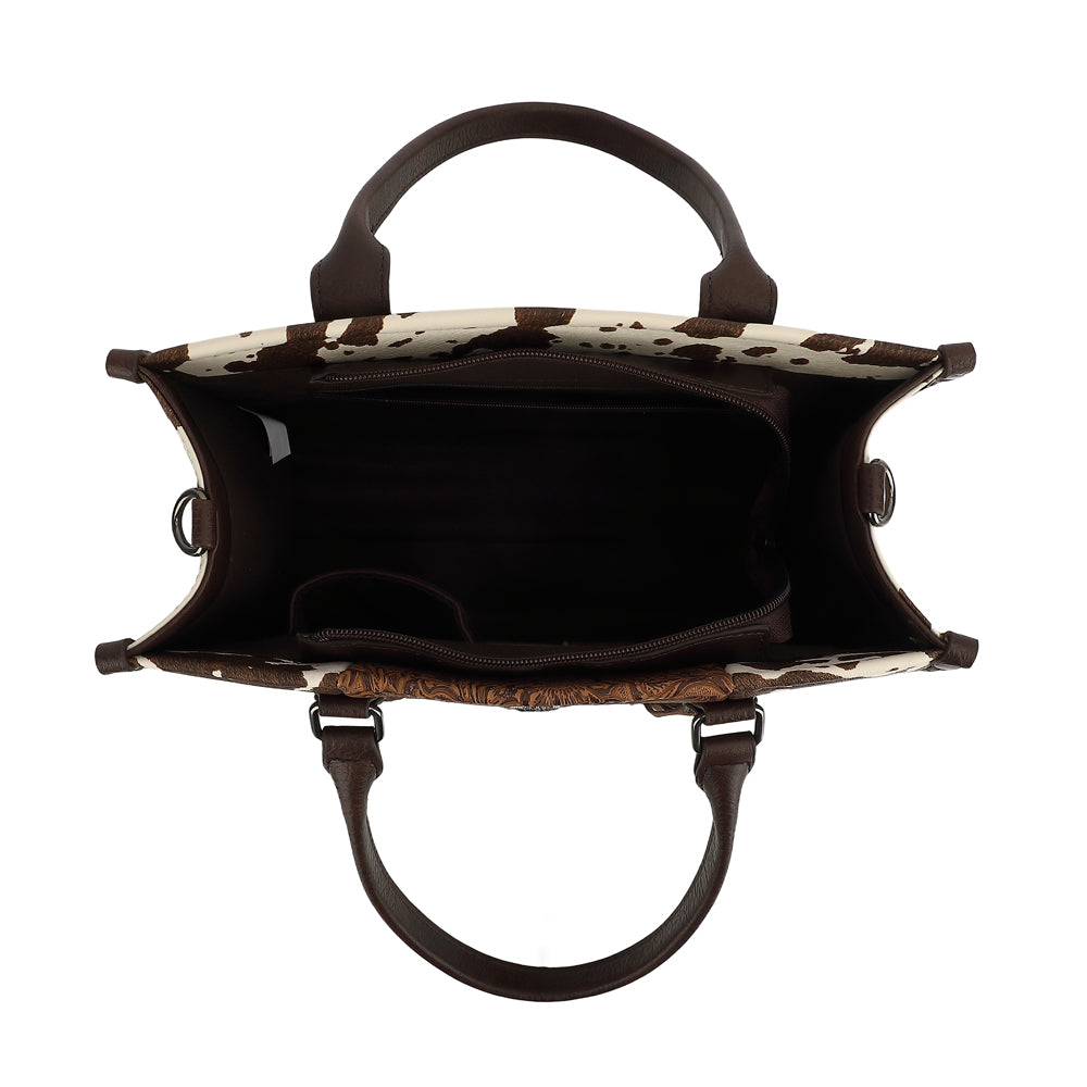 BOX TOTE WITH COW AND TOOLING WITH FRINGE DETAIL 25147