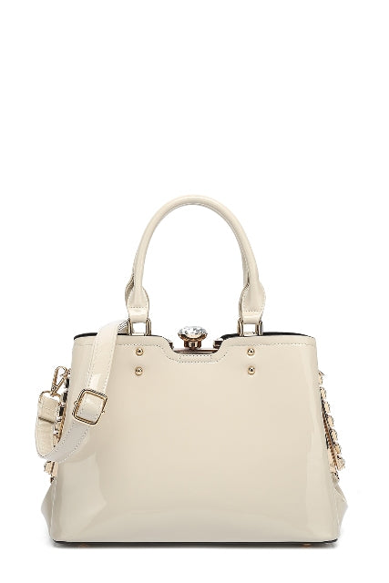 Double Handle Frame Satchel with Rhinestones Patent Leather 9465