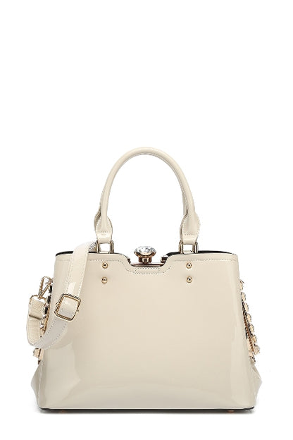 Double Handle Frame Satchel with Rhinestones Patent Leather 9465