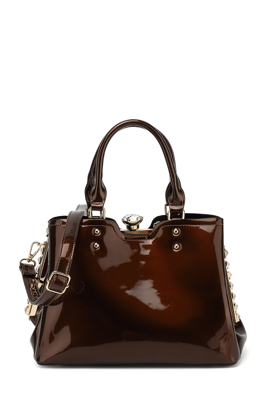Double Handle Frame Satchel with Rhinestones Patent Leather 9465
