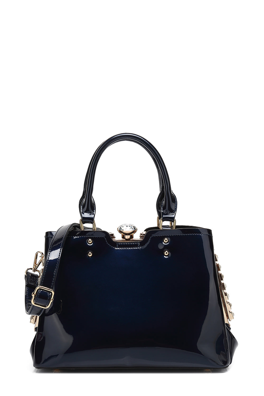 Double Handle Frame Satchel with Rhinestones Patent Leather 9465