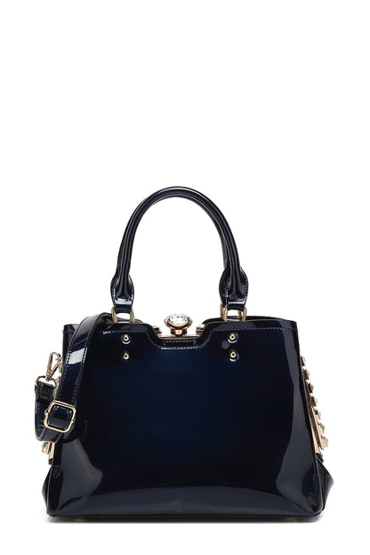 Double Handle Frame Satchel with Rhinestones Patent Leather 9465