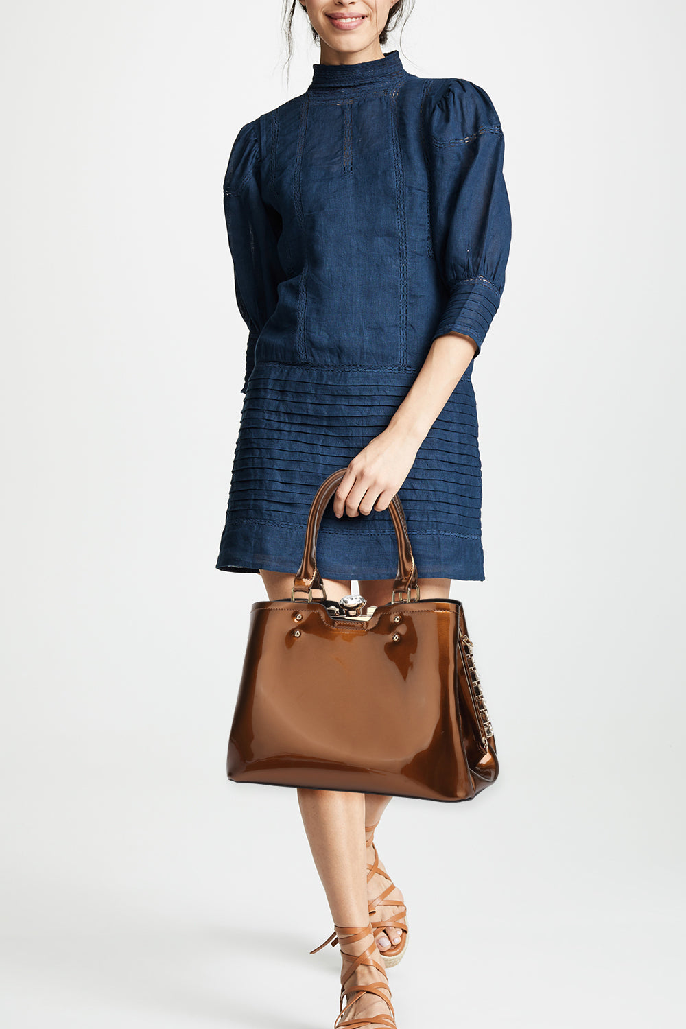 Double Handle Frame Satchel with Rhinestones Patent Leather 9465